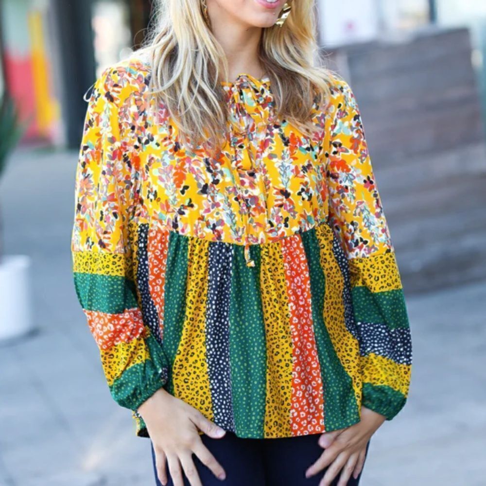 Boho Baby Doll Tie Front Long Sleeve Women's Shirt Colorblock Floral Top - Picture 2 of 4